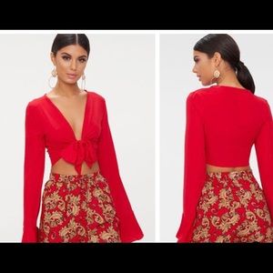 Red Tie Front Frill Sleeve Blouse